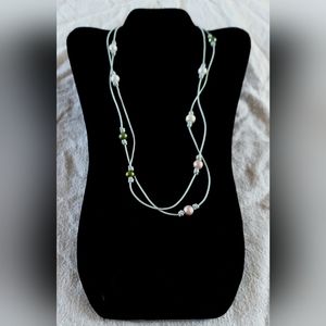 Handmade Pink, White & Green Pearl And Mint Green Leather Necklace